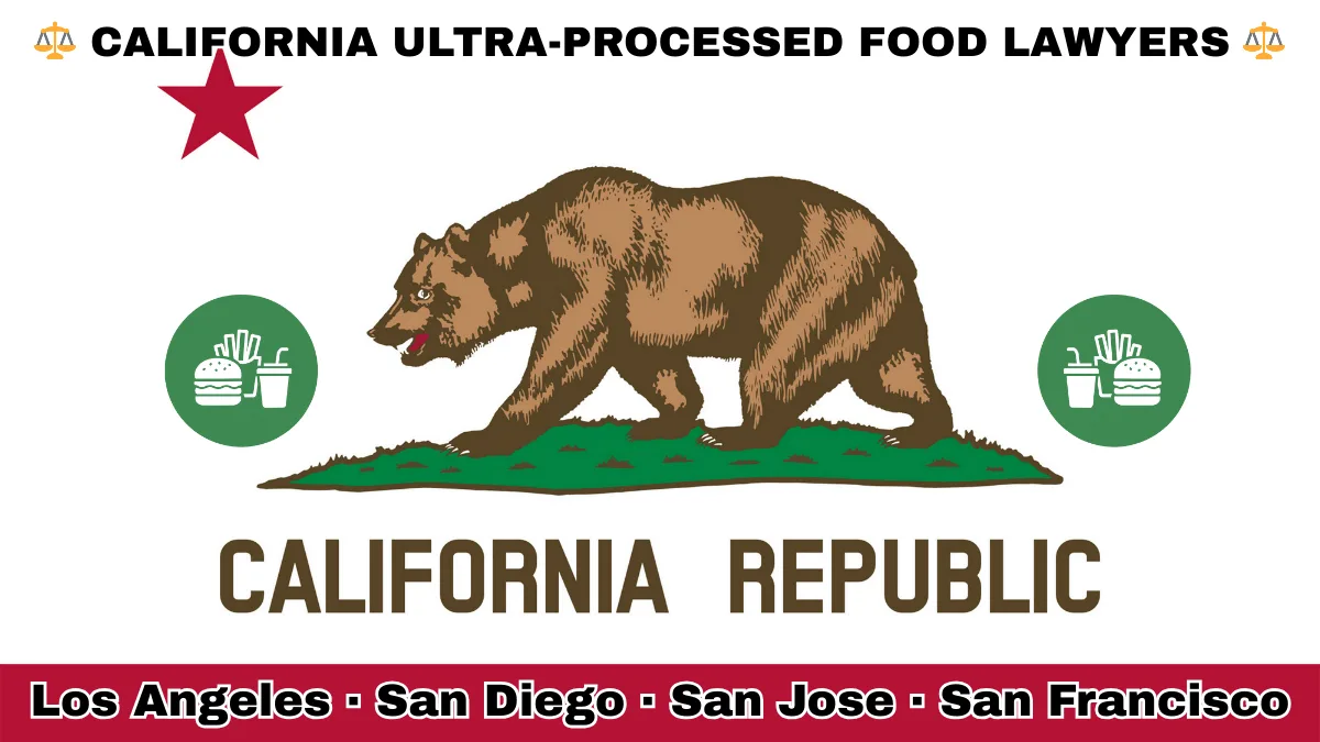 CALIFORNIA ULTRA-PROCESSED FOOD LAWYERS: Los Angeles, San Diego, San Jose, and San Francisco text on CA state flag with fast food depicted near a grizzly bear and red star.